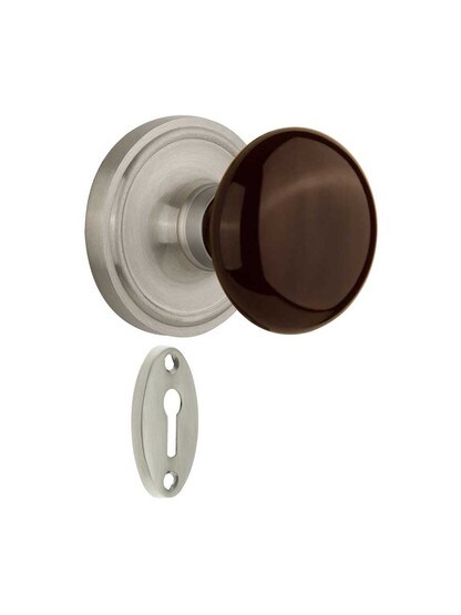 Classic Rosette Mortise-Lock Set with Brown Porcelain Knobs in Satin Nickel.